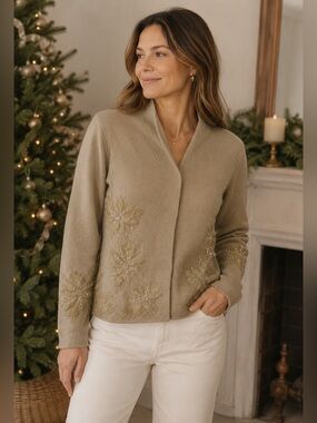 Talbots Beige 100% Wool Knit Cardigan Sweater Size S Embellished Holiday Neutral